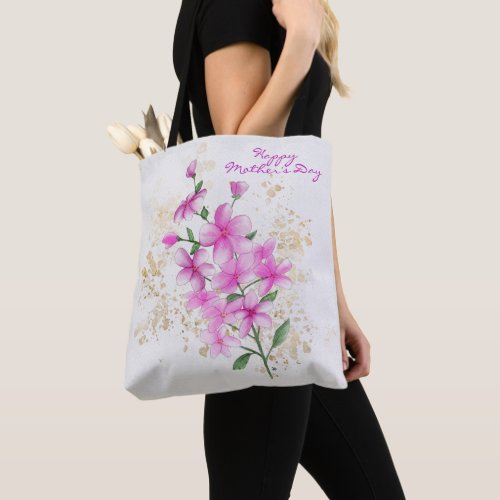 Happy Motherâs Day Pink Flowers Gold Splatter Tote Bag