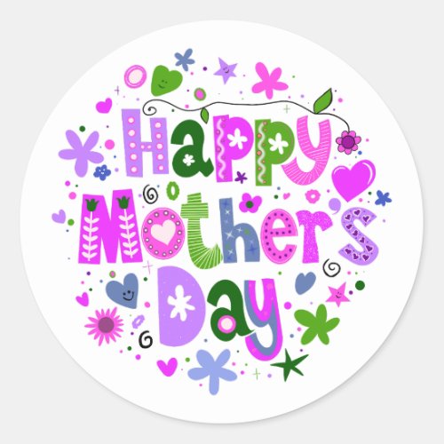 Happy Mothers Day Purple Floral Lettering Classic Round Sticker