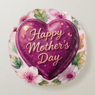 Happy Mother’s Day Purple Heart Bloom Round Pillow