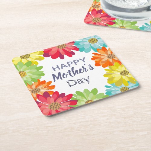 Happy Mothers Day spring colorful flowers Square Paper Coaster