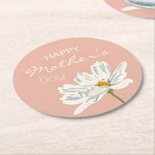 Happy Mother’s Day White  Artistic Flower  Round Paper Coaster