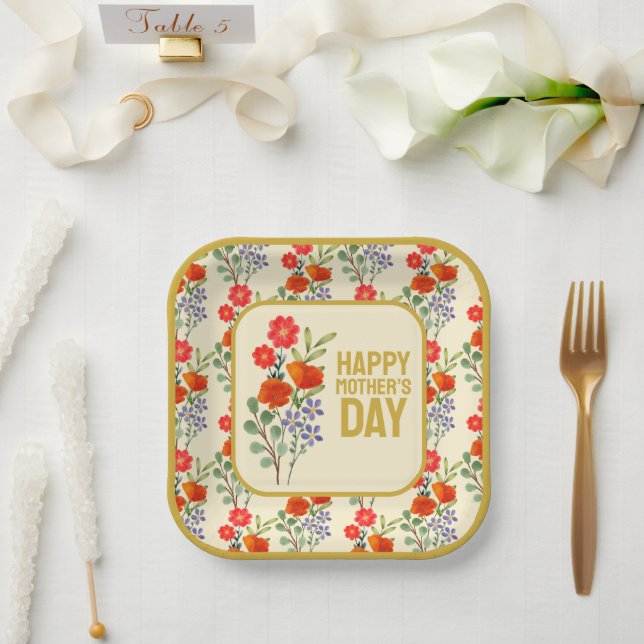 Happy Mother’s Day Wildflowers Gold Frame Paper Plates (Wedding)