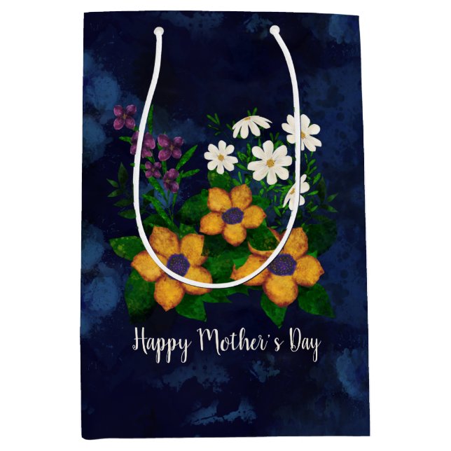 Happy Mother’s Day Yellow Purple White Flowers Medium Gift Bag (Front)