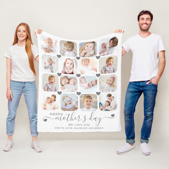 Happy Mothers Day 16 Photo Custom Message Fleece Blanket (In Situ)