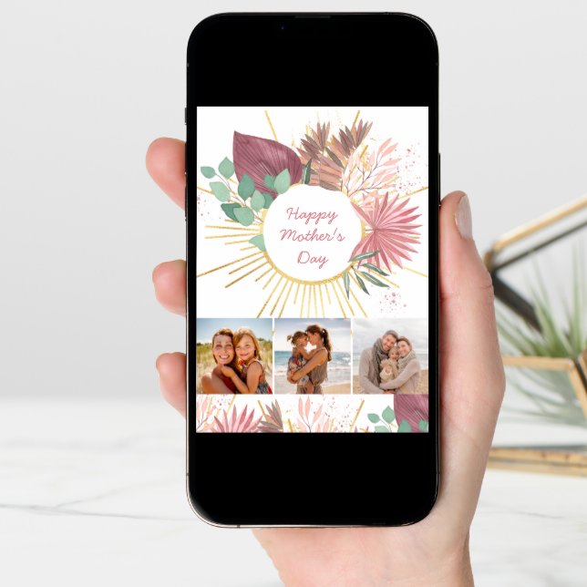 Happy Mothers Day 3 Photo Boho Pink Gold Pampas Card (Front Digital)