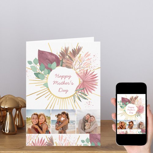 Happy Mothers Day 3 Photo Boho Pink Gold Pampas Card