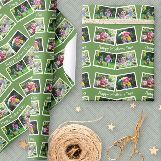 Happy Mothers Day - 4 Photo Collage Zigzag - Green Wrapping Paper (Creator Uploaded)