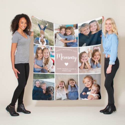 Happy Mothers Day 8 Photo Collage Heart Pink Fleece Blanket