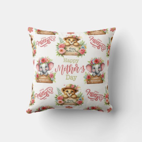 Happy Mothers Day Animal Throw Pillow