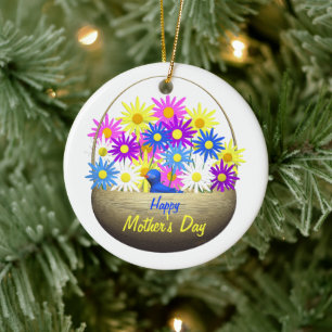 Happy Mothers Day Basket of Daisies and Blue Bird Ceramic Ornament