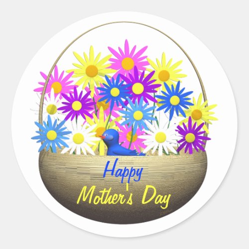 Happy Mothers Day Basket of Daisies and Blue Bird Classic Round Sticker