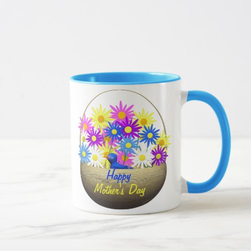 Happy Mothers Day Basket of Daisies and Blue Bird Mug