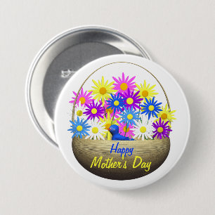 Happy Mothers Day Basket of Daisies and Blue Bird Pinback Button