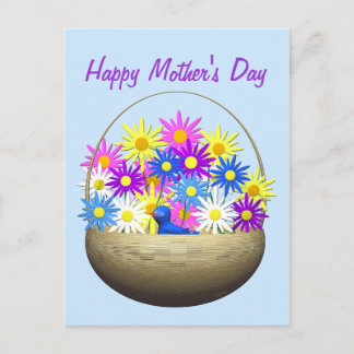 Happy Mothers Day Basket of Daisies and Blue Bird Postcard