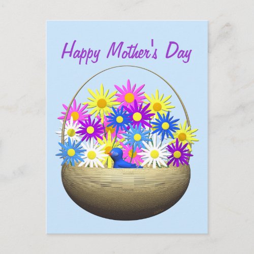 Happy Mothers Day Basket of Daisies and Blue Bird Postcard