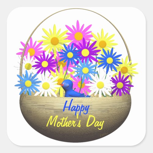 Happy Mothers Day Basket of Daisies and Blue Bird Square Sticker