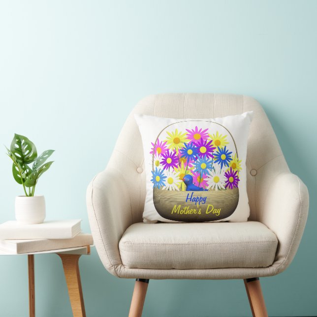 Happy Mothers Day Basket of Daisies and Blue Bird Throw Pillow (Chair)