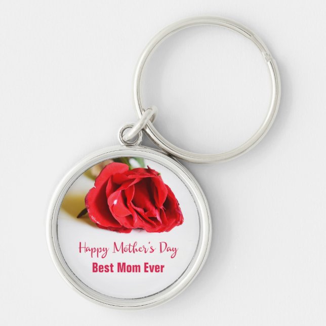 Happy Mother's Day Best Mom Ever + Single Red Rose Keychain (Front)