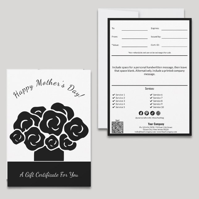 Happy Mother's Day Black White Gift Certificate (Happy Mother's Day Black White Gift Certificate, Scissors Cut Style, QR code, Service List, SM)