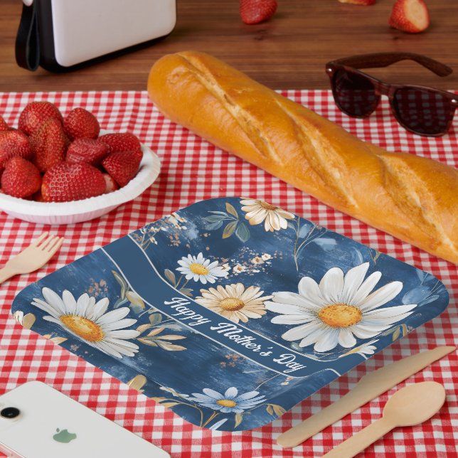 Happy Mother's Day Blue and White Daisies Paper Plates (Picnic)