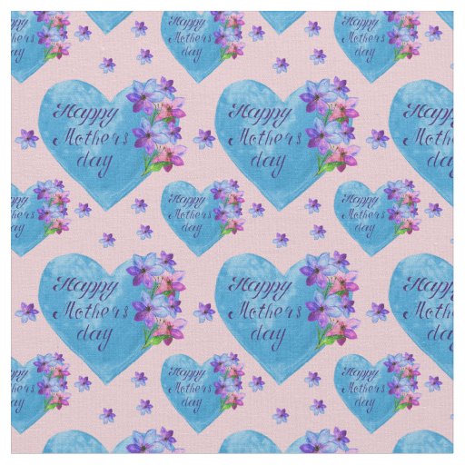 Happy Mother's Day Blue Hearts Floral on Pink  Fabric