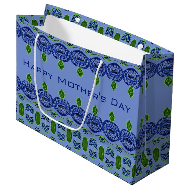 Happy Mothers Day Blue Patterned Large Gift Bag (Front Angled)