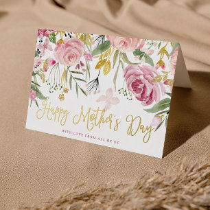 Happy Mother's Day Blush Pink Flowers and Gold Foil Holiday Card