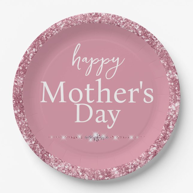 Happy Mother's Day Blush Pink Glitter Paper Plates (Front)