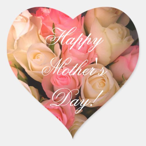 Happy Mothers Day Bouquet Pink White Roses Floral Heart Sticker