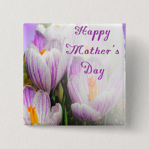 Happy Mother's Day Bright Purple and White Tulips Button