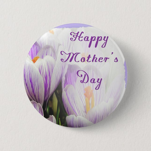 Happy Mother's Day Bright Purple and White Tulips Button (Front)