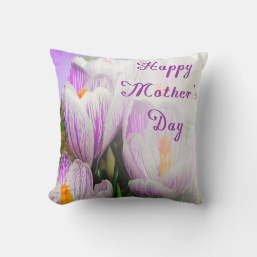 Happy Mothers Day Bright Purple and White Tulips Throw Pillow