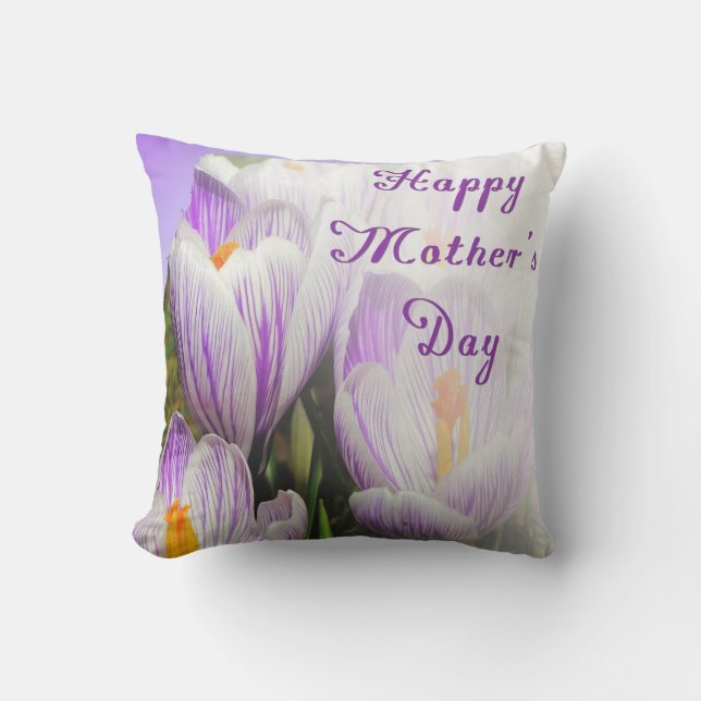 Happy Mother's Day Bright Purple and White Tulips Throw Pillow (Front)