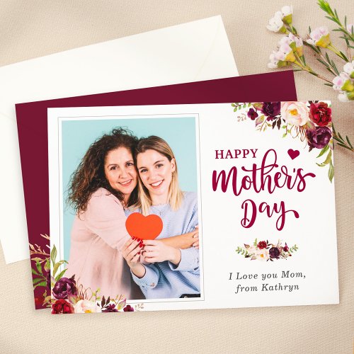 Happy Mothers Day Burgundy Red Floral Photo Card