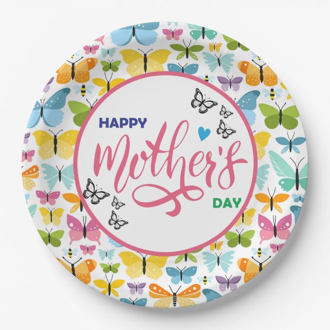 Happy Mothers Day Butterflies  Paper Plates (Front)