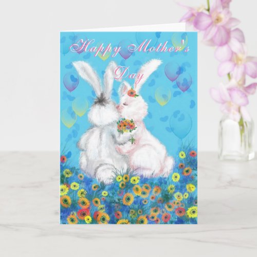 Happy Mothers Day Card Family Bunny Flowers