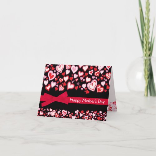 Happy Mothers Day card hearts  red ribbon