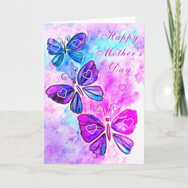 Happy Mother's Day Card Pink Butterflies Hearts (Front)