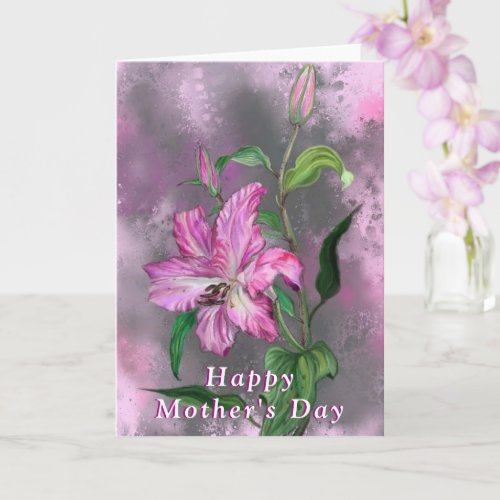 Happy Mothers Day Card Purple Pink Lily Flowers