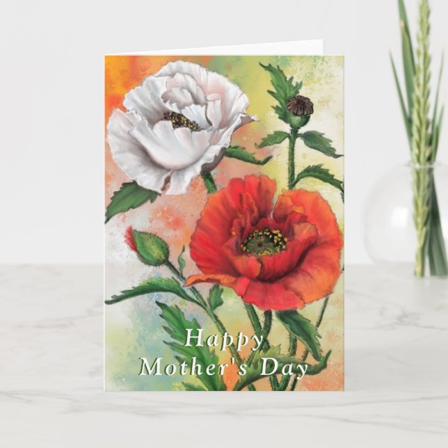 Happy Mother's Day Card Red White Poppy Flowers (Front)