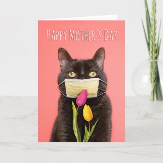 Happy Mother's Day Cat in Face Mask With Flowers Holiday Card