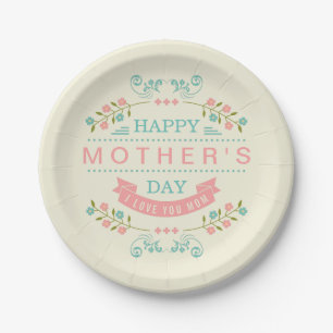 Happy Mother's Day - Chic Teal Cream Pink Floral Paper Plates