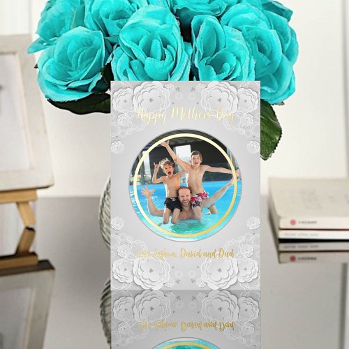 Happy Mothers Day Circle Photo Paper Floral Border Foil Holiday Card