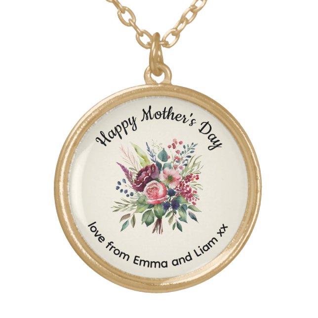 Happy Mother's Day Colorful Flowers Personalized Gold Plated Necklace (Front)