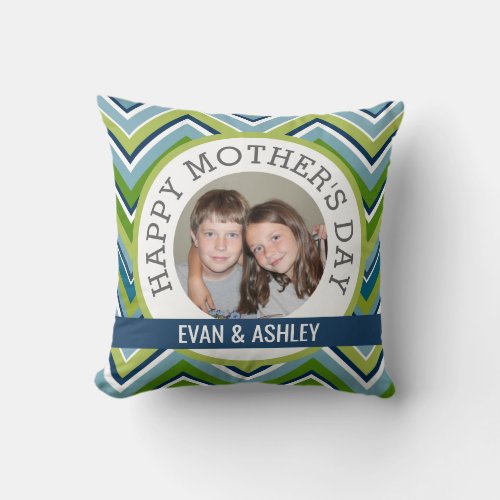Happy Mothers Day _ Custom Photo _ blue chevrons Throw Pillow