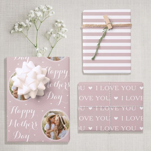 Happy Mothers Day Custom Photo Dusty Pink 3 Wrapping Paper Sheets