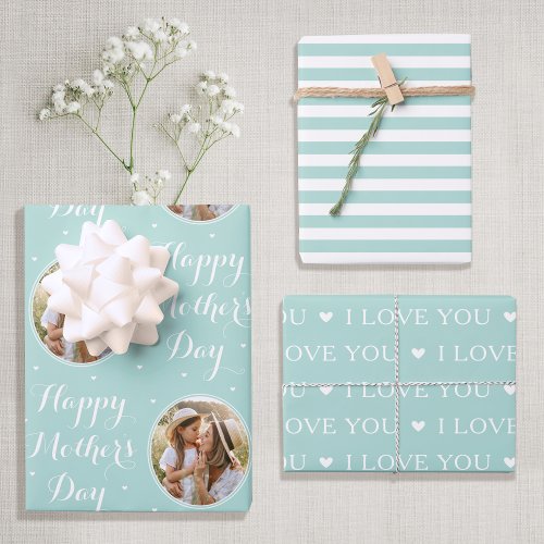 Happy Mothers Day Custom Photo Mint Green 3 Wrapping Paper Sheets