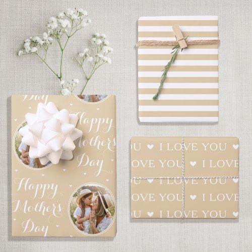 Happy Mothers Day Custom Photo Pale Gold 3 Wrapping Paper Sheets