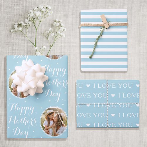 Happy Mothers Day Custom Photo Pastel Blue 3 Wrapping Paper Sheets