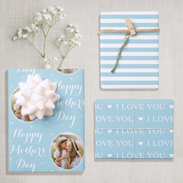 Happy Mother's Day Custom Photo Pastel Blue 3 Wrapping Paper Sheets (Creator Uploaded)